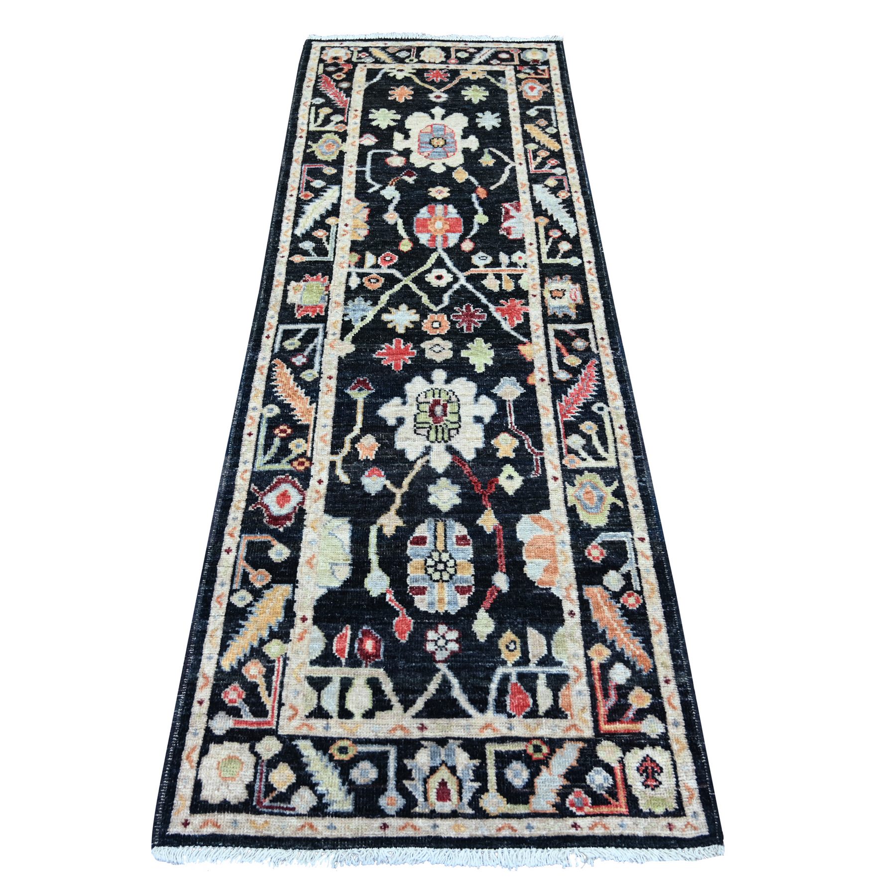 2'8"x8' Charcoal Black, Afghan Angora Oushak with Colorful Leaf Design, Hand Knotted, 100% Wool, Vegetable Dyes, Runner, Oriental Rug 